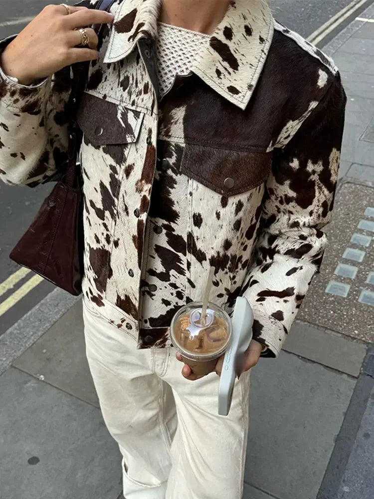Chic Contrast Color Printed Demi-season Jacket For Women Fashion Lapel Single Breasted Lapel Coat 2024 New Lady High Streetwear