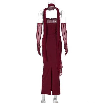 Strapless Ruched Waist Mesh Glove Bodycon Maxi Dress