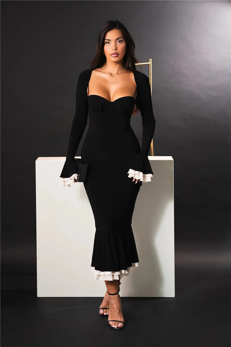 Spaghetti Strap Sweetheart Bolero Bell Sleeve Ruffle Fishtail Midi Dress