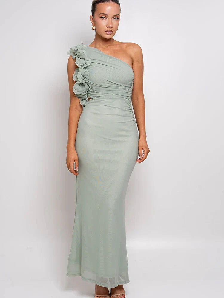One-Shoulder Floral Ruffle Strap Ruched Side Cutout Mermaid Maxi Dress