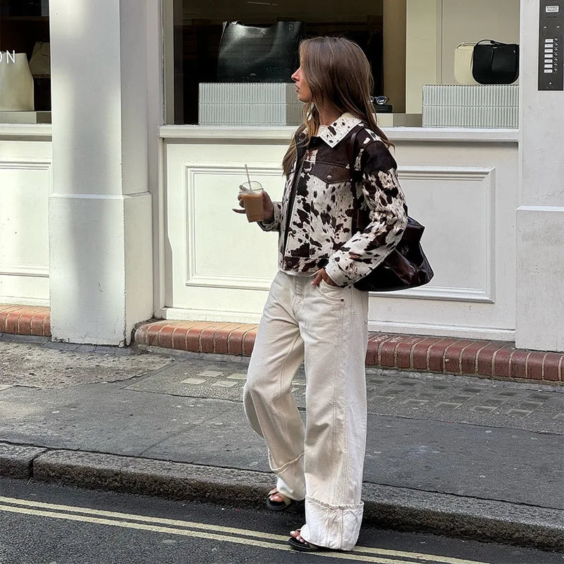 Chic Contrast Color Printed Demi-season Jacket For Women Fashion Lapel Single Breasted Lapel Coat 2024 New Lady High Streetwear