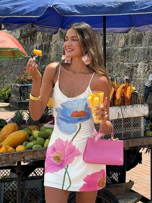 Fashion Flower Printed Women Sling Dress Elegant U-neck Backless Bodycon Dresses Summer Lady Chic Beach Vacation Robes 2024