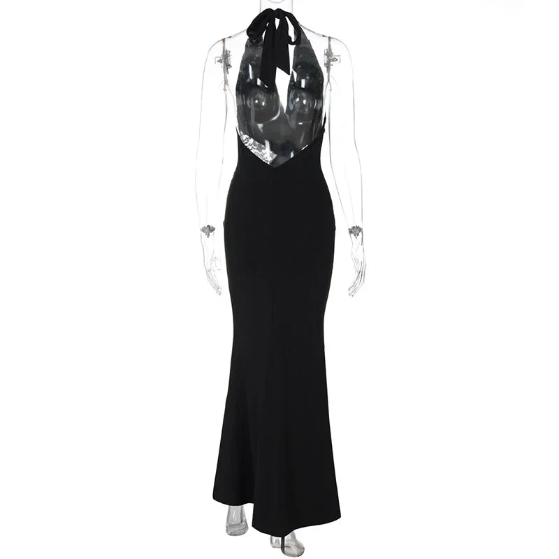 Halter Plunging V-Neck Draped Bust Lace Side Panel Bodycon Mermaid Maxi Gown