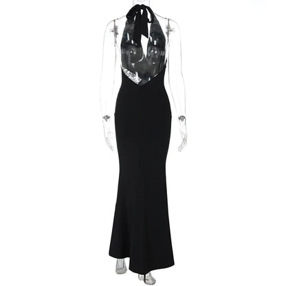Halter Plunging V-Neck Draped Bust Lace Side Panel Bodycon Mermaid Maxi Gown