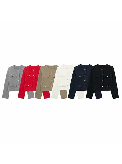Elegant Solid Button Fake Pocket Jacket Women's Fashion O-neck Long Sleeve Single Breasted Cropped Coats New Lady Chic Outerwear