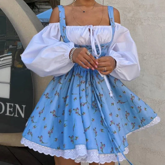 New Puff Sleeve Patchwork Print Dresses Sexy Spaghetti Strap Lace Up Short Bubble Dresses Women Summer Party Vacation Dress