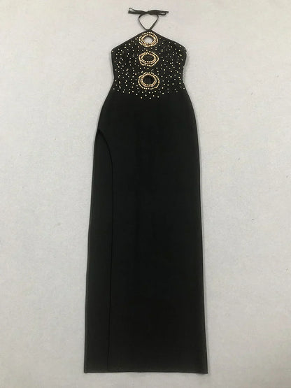 Halter Ring Cut Out Studded Thigh Slit Backless Maxi Gown