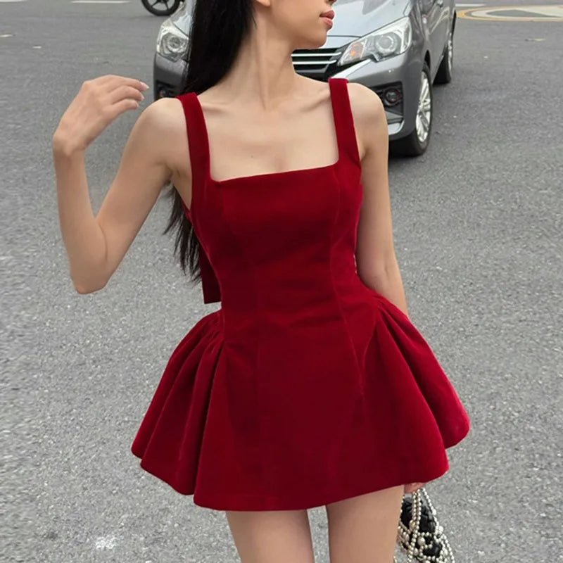 Spaghetti Strap Open Back Oversized Bow Flared Mini Dress