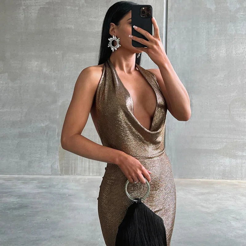 Halter Deep V Neck Metallic Shimmer Fishtail Maxi Gown