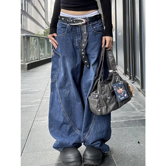 Blue Women's Jeans Hip-hop Fashion Vintage Streetwear Y2K Wide Leg Straight Jean High Waist Trouser Baggy Cargo Denim Pants