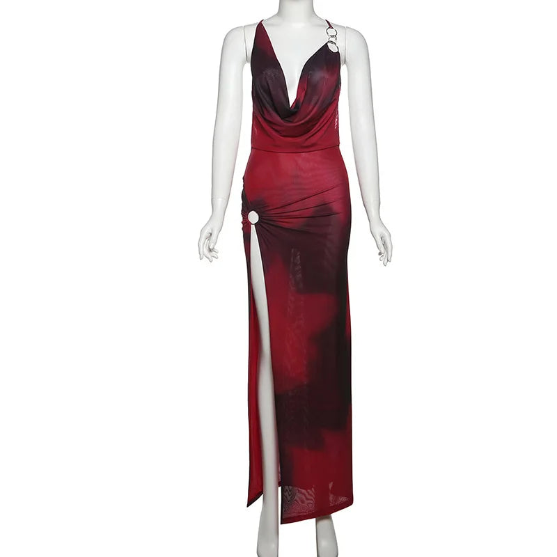 Plunging Halter Ring Detail Side Cutout High Slit Maxi Dress