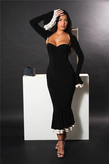 Spaghetti Strap Sweetheart Bolero Bell Sleeve Ruffle Fishtail Midi Dress