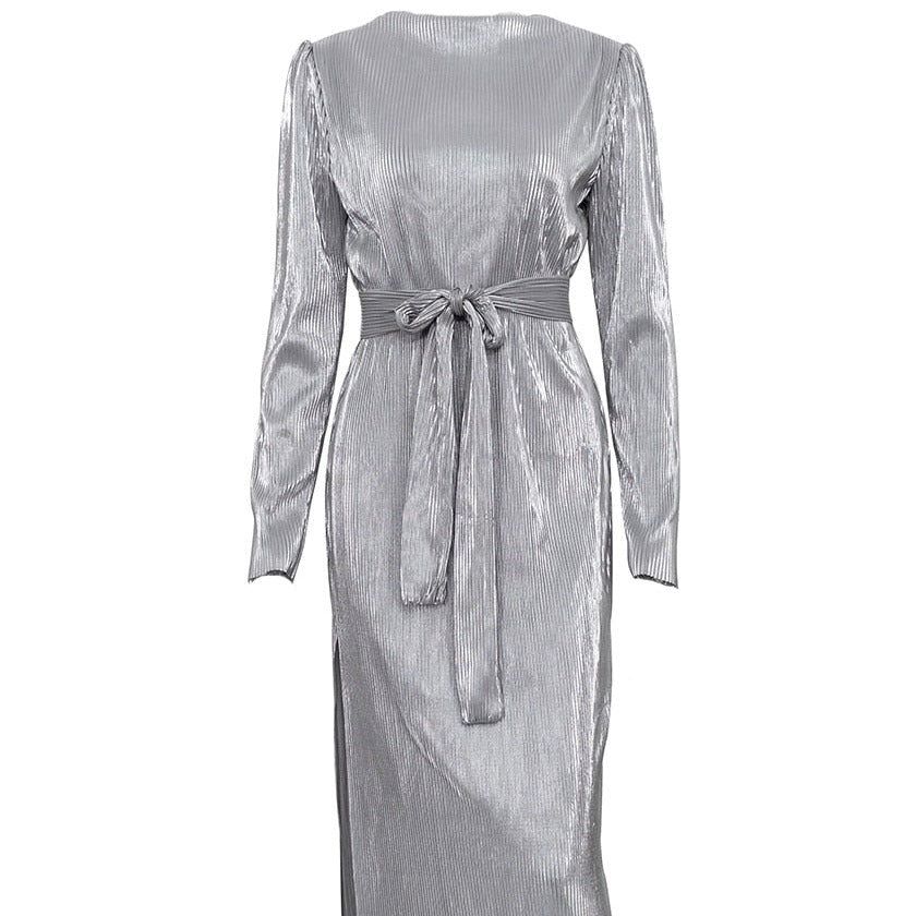 Metallic Ribbed Pleated Long Sleeve Tie Waist Side Slit Midi Dress