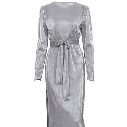 Metallic Ribbed Pleated Long Sleeve Tie Waist Side Slit Midi Dress