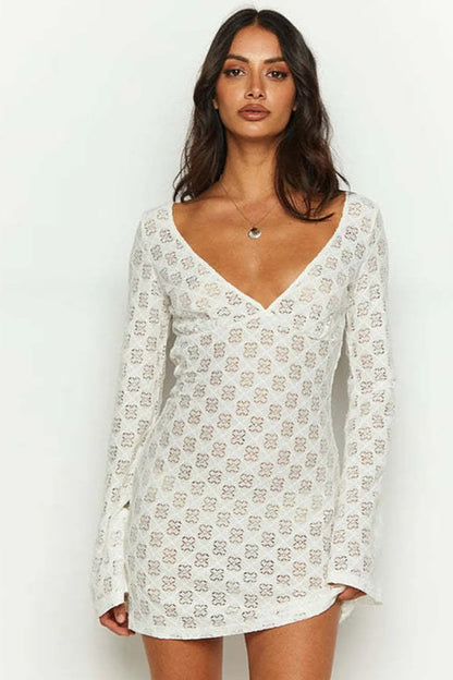 White Printed Low-cut Back  Mini Dress