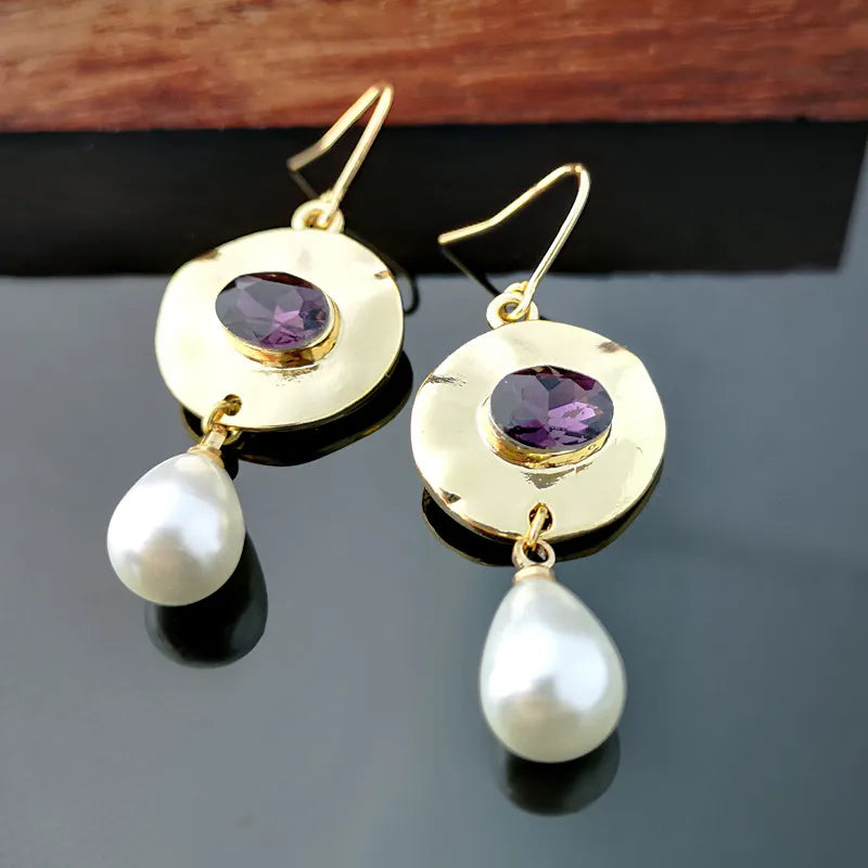 Women's Purple Crystal Drop Pendant Earrings – Vintage Gold Geometric Jewelry