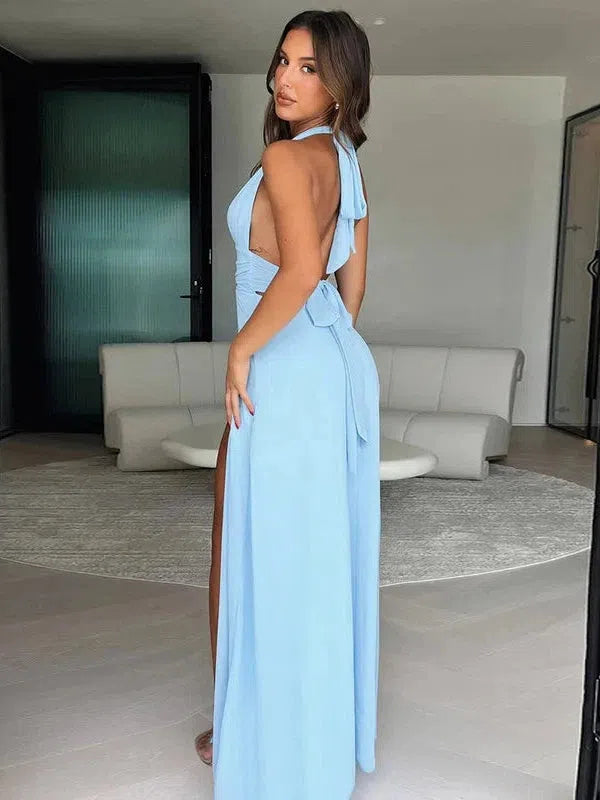 Alizey Deep Halterneck Strap Backless High Slit Dress