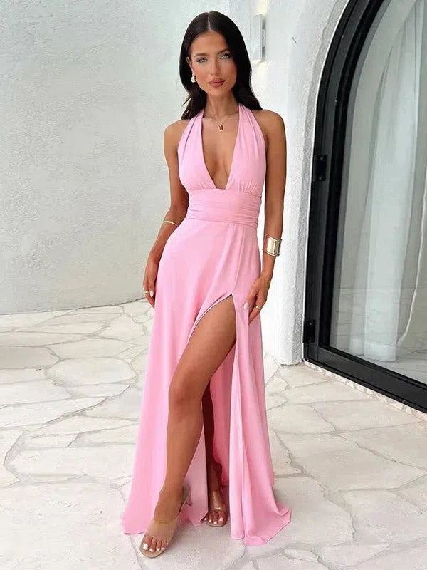 Alizey Deep Halterneck Strap Backless High Slit Dress