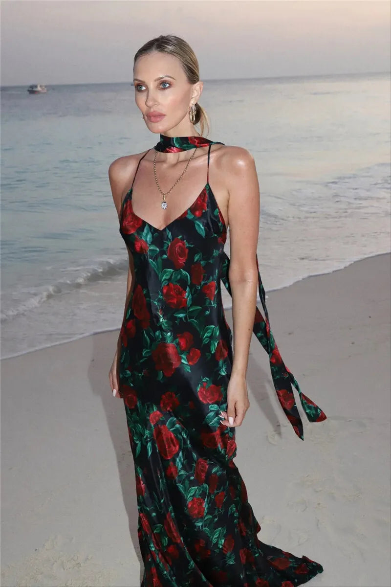 Print Halter Choker Spaghetti Strap Mermaid Maxi Dress