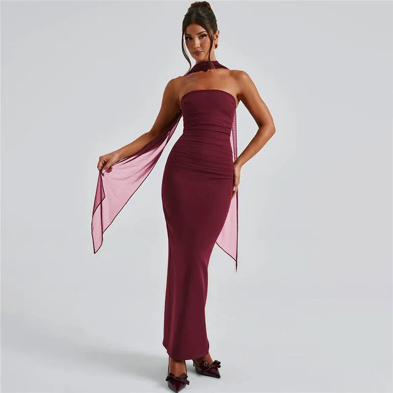 Strapless Ruched Waist Mesh Glove Bodycon Maxi Dress