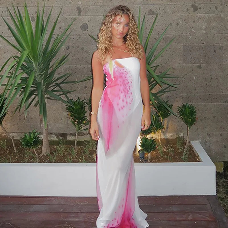 Strapless Mesh Overlay Abstract Graphic Print Bodycon Maxi Dress