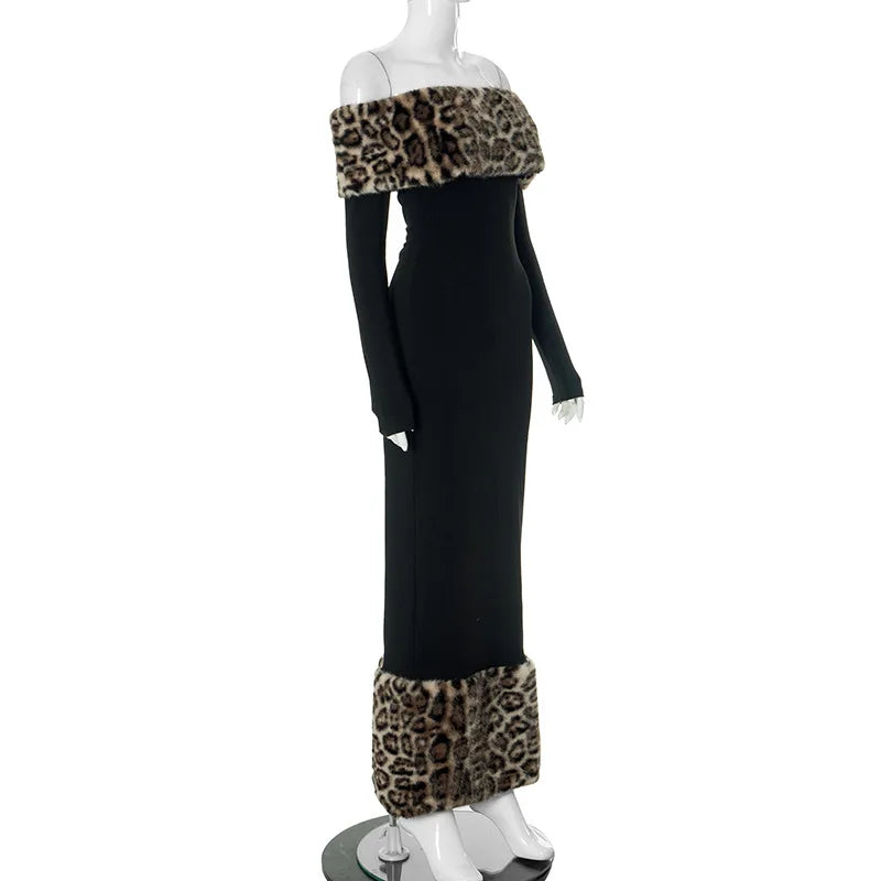 Off Shoulder Long Sleeve Faux Fur Trim Maxi Dress