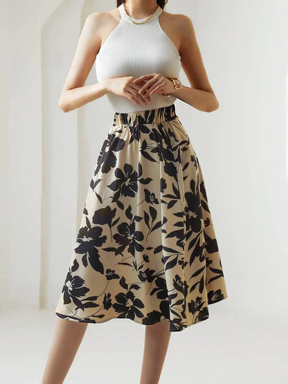 Floral Print Elastic Waist Below Knee A-Line Skirt