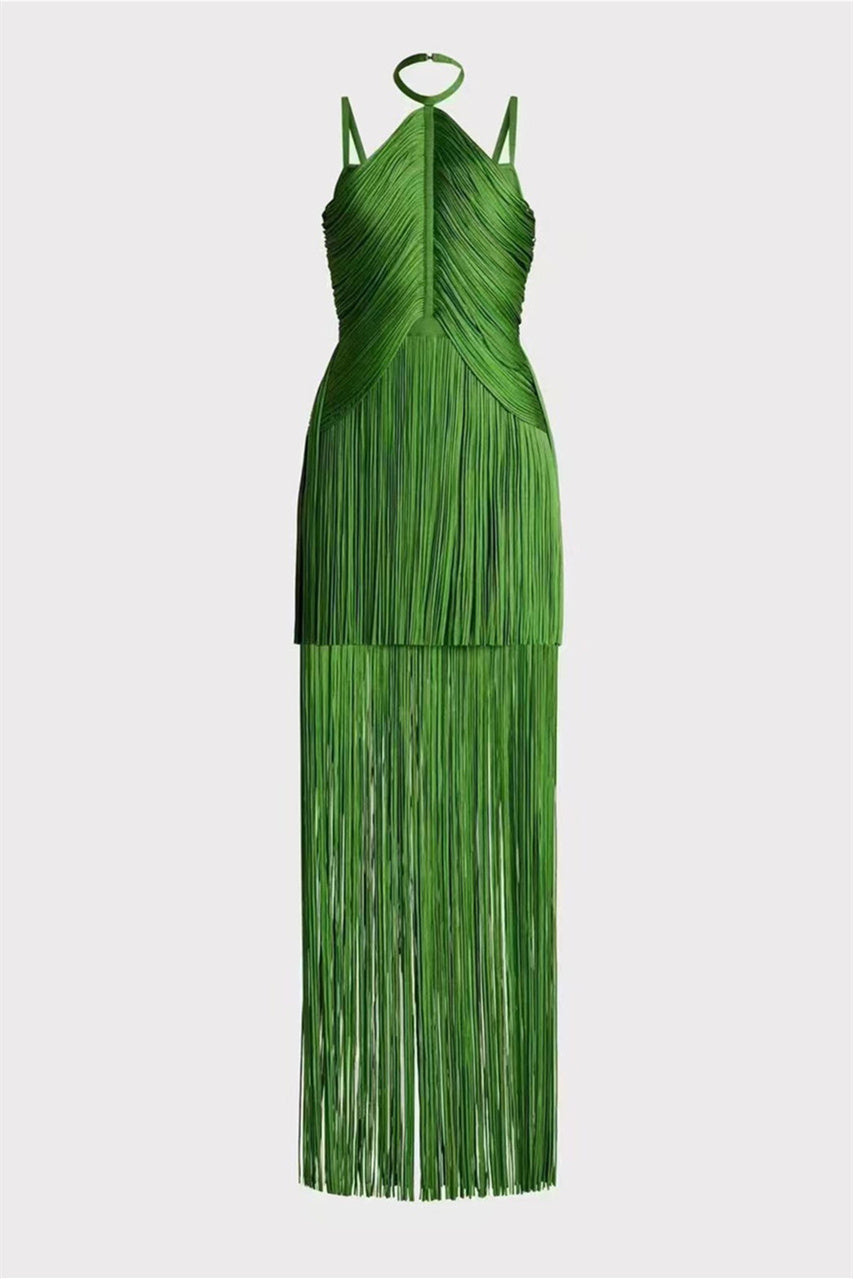 Phoebe Halter Fringed Maxi Dress