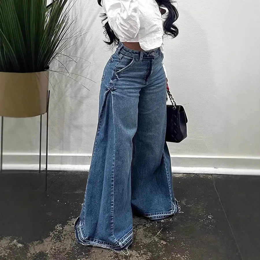 Blue Washed Women Flared Jeans Harajuku Y2k Oversized Wide Leg Spliced Tassel Denim Pants Baggy American Retro Trousers