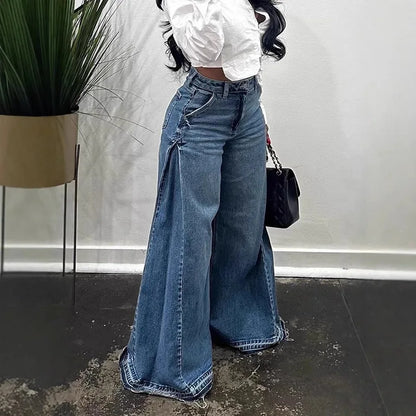 Blue Washed Women Flared Jeans Harajuku Y2k Oversized Wide Leg Spliced Tassel Denim Pants Baggy American Retro Trousers