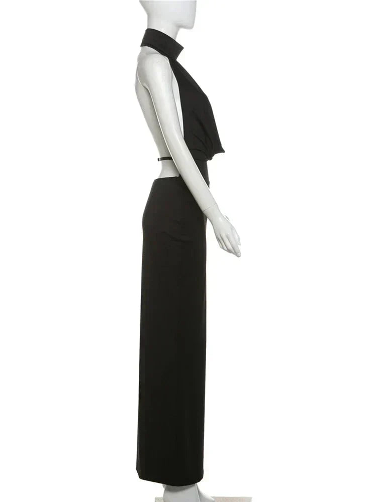 Halter Plunging Cowl Backless High Slit Maxi Dress