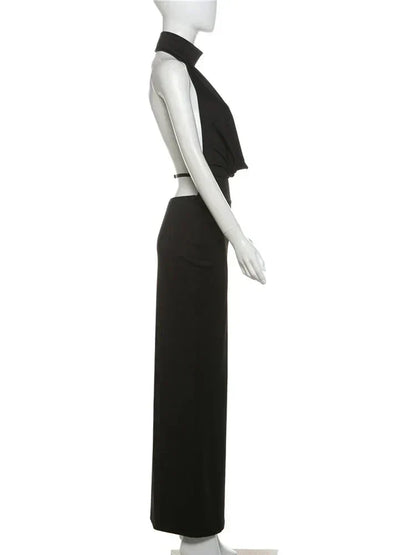Halter Plunging Cowl Backless High Slit Maxi Dress