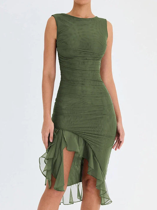 Mesh Ruched Boat Neck Sleeveless High Split Ruffle Hem Midi Dress