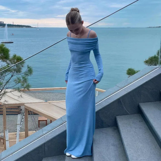 Elegant Solid Off Shoulder Long Dress Women Sexy Bodycon Full Sleeves Party Dresses 2024 Summer Autumn Slim Lady Casual Robes