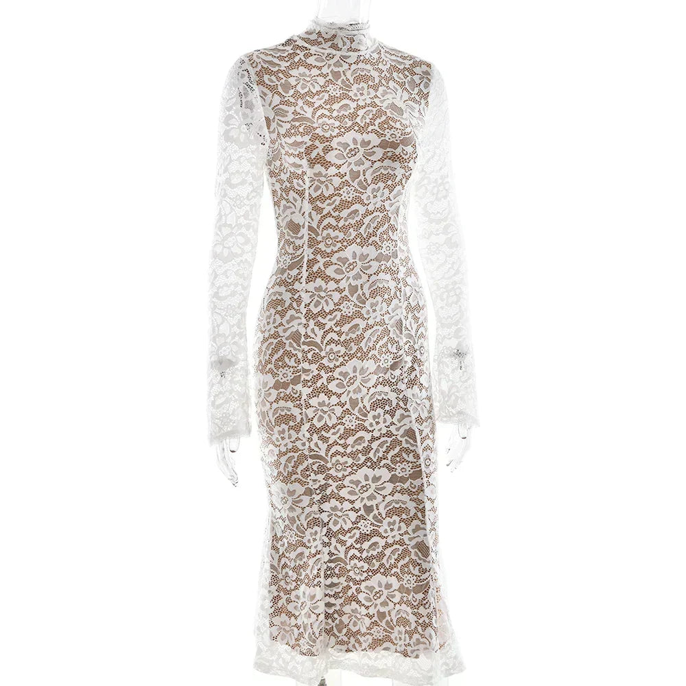 Floral Lace Mock Neck Long Sleeve Trumpet Hem Midi Dress