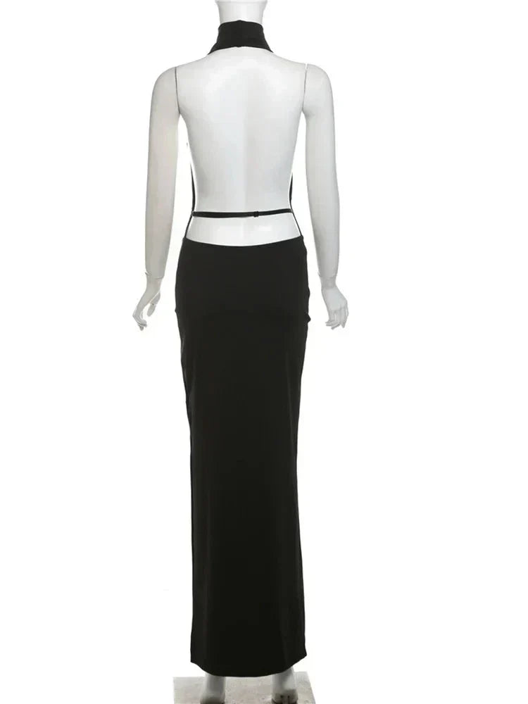 Halter Plunging Cowl Backless High Slit Maxi Dress