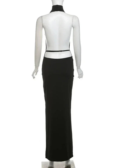 Halter Plunging Cowl Backless High Slit Maxi Dress