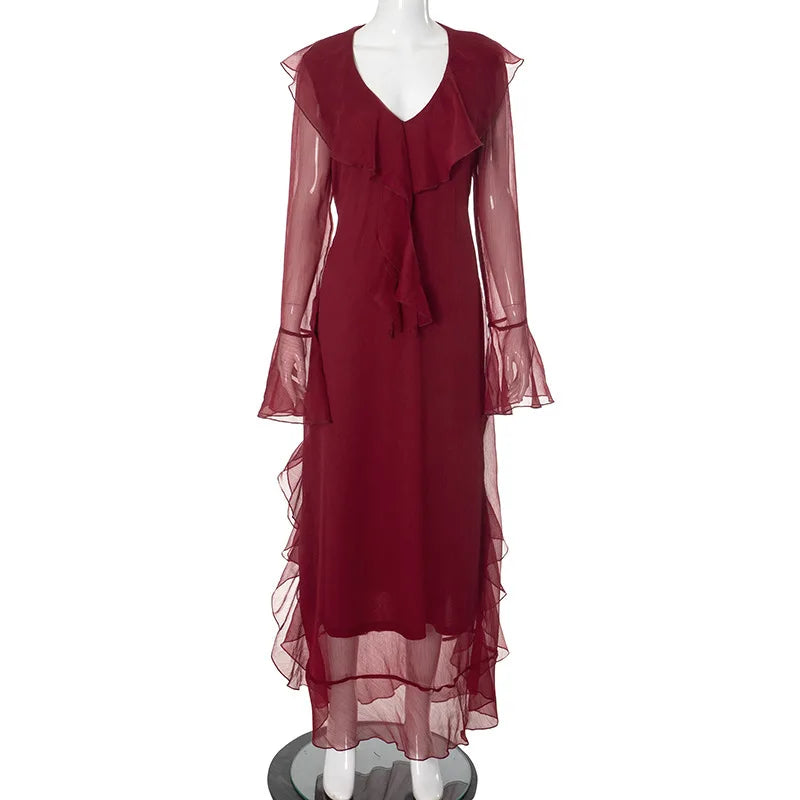 Ruffle Trim Flare Sleeve Deep V Neck Maxi Dress