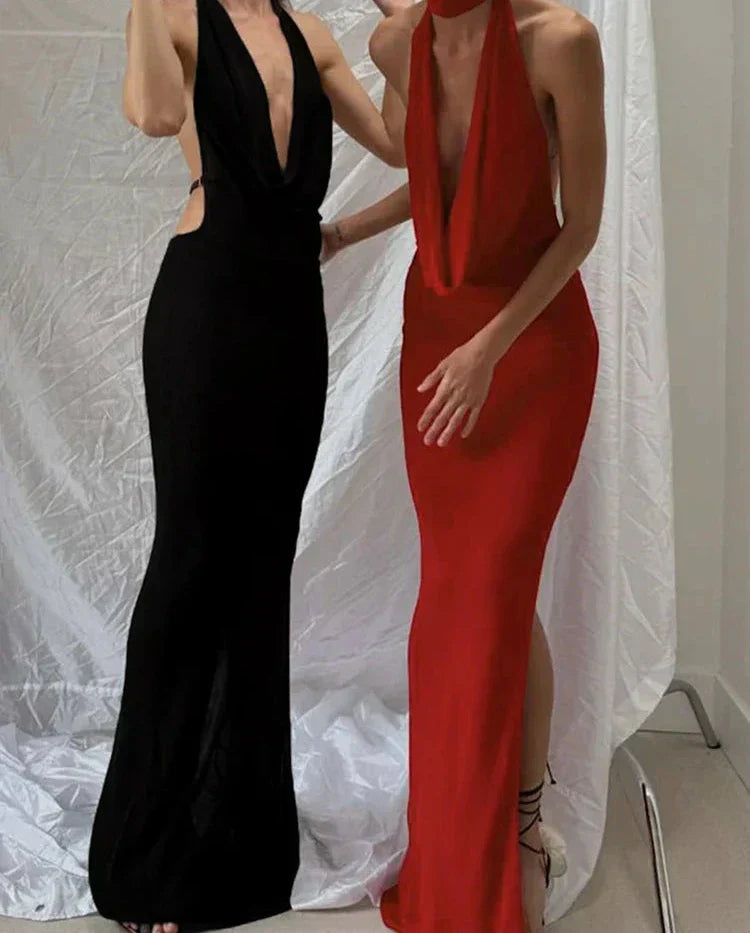 Halter Plunging Cowl Backless High Slit Maxi Dress