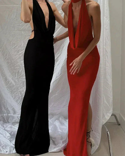 Halter Plunging Cowl Backless High Slit Maxi Dress