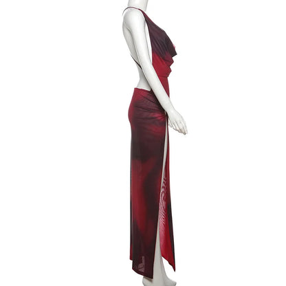 Plunging Halter Ring Detail Side Cutout High Slit Maxi Dress