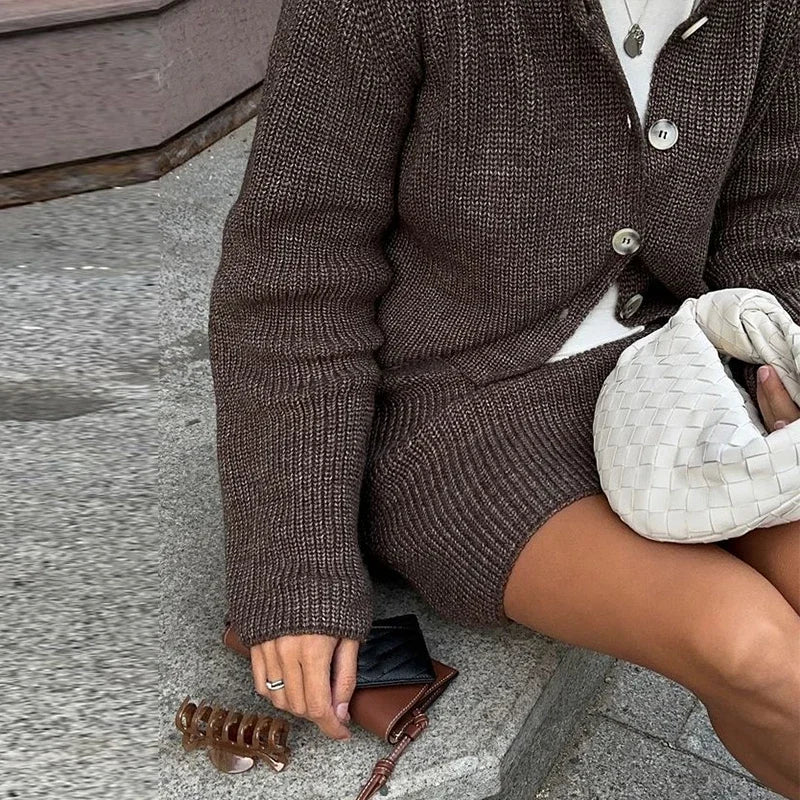 Knitted Skirts 2 Piece Set Women Fashion Lapel Flare Button Knitted Cardigan Top Mini Skirt Autumn Lady All-matching Outfit