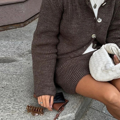 Knitted Skirts 2 Piece Set Women Fashion Lapel Flare Button Knitted Cardigan Top Mini Skirt Autumn Lady All-matching Outfit