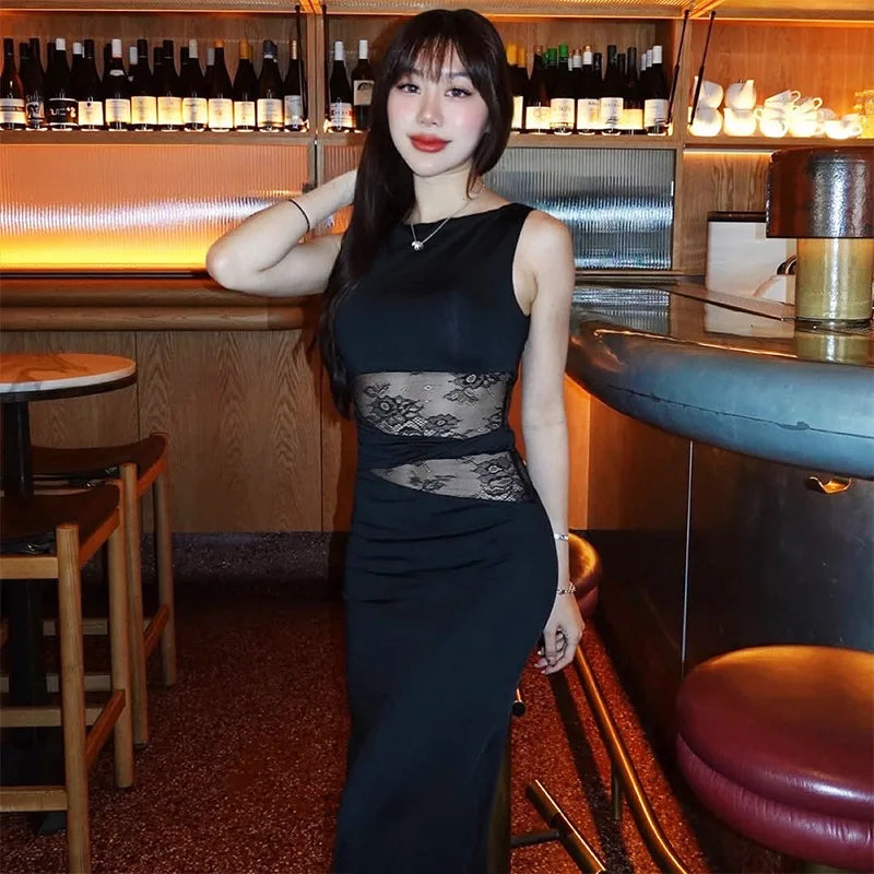 One Shoulder Lace Panel Waist Cutout Bodycon Maxi Dress