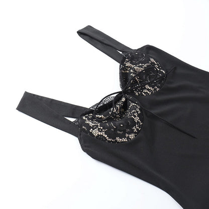 Lace Trim Satin Spaghetti Strap Tie Front Mini Dress