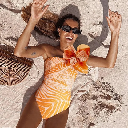 Solid White Lace Up Floral Backless One Piece Swimwear