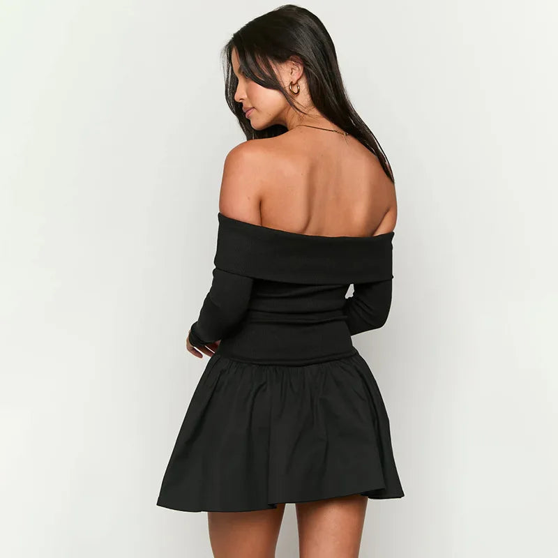 Off Shoulder Rib Knit Long Sleeve Pleated Skater Mini Dress