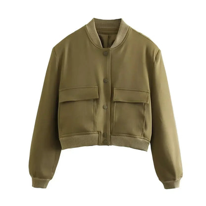Basic Stand Collar Women Jacket Long Sleeve Cardigan Button Up Cropped Coat Baseball Outerwear Autumn Winter Clothes