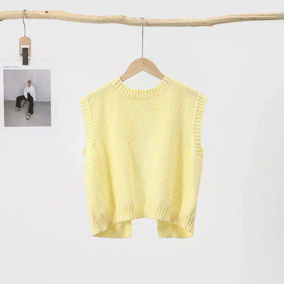Women's Round Neck Knitted Backless Yellow Top – Open Back Summer Blouse