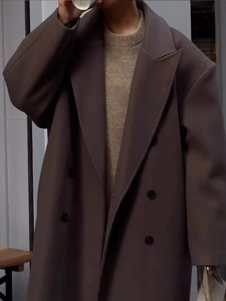 Casual Brown Wool Long Coats for Women Loose Turn Down Collar Double Breasted Female Overcoat Autumn Winter Street Lady Outwear